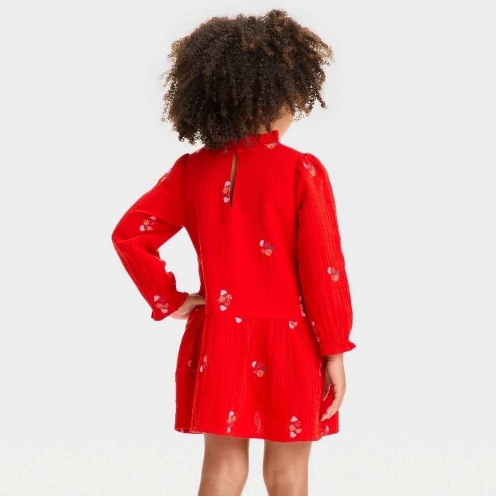 Cat & Jack Toddler Girls' Long Sleeve Floral Embroidered Printed Dress Red - Picture 2 of 6